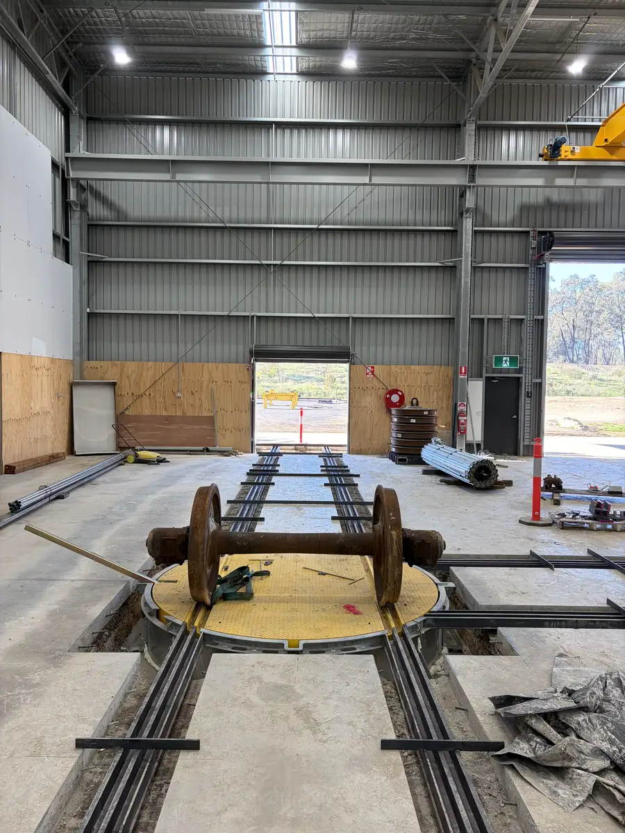 Rail wheel turntable and track inside the Axis Rail workshop